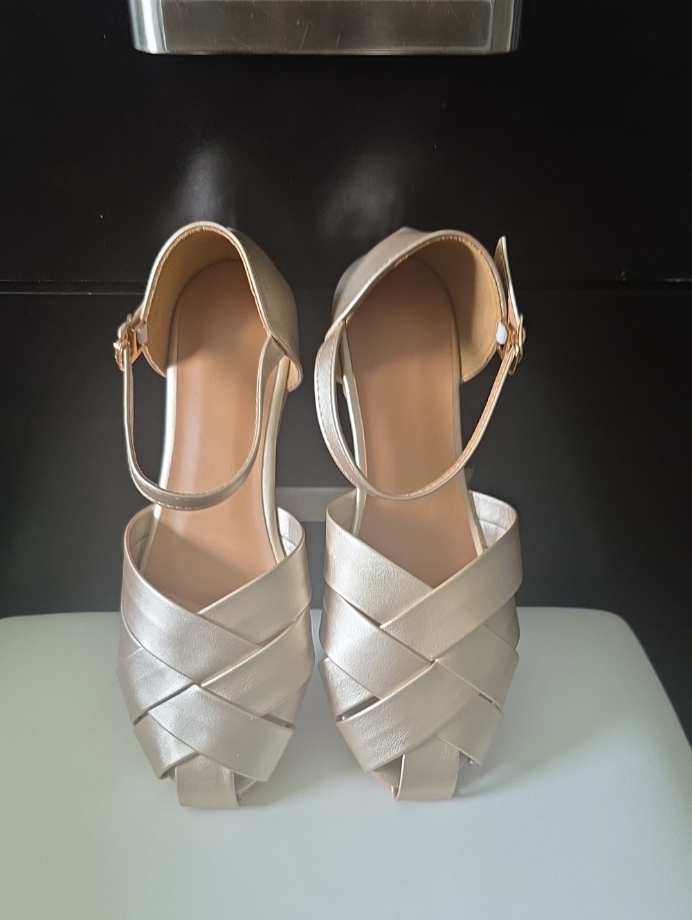SHEIN Metallic Champagne Crisscross Ankle‑Strap Sandals